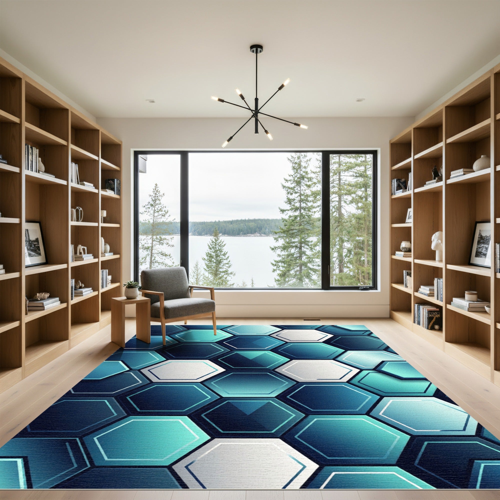 Modern Teal Blue Geometric Hexagon Rug