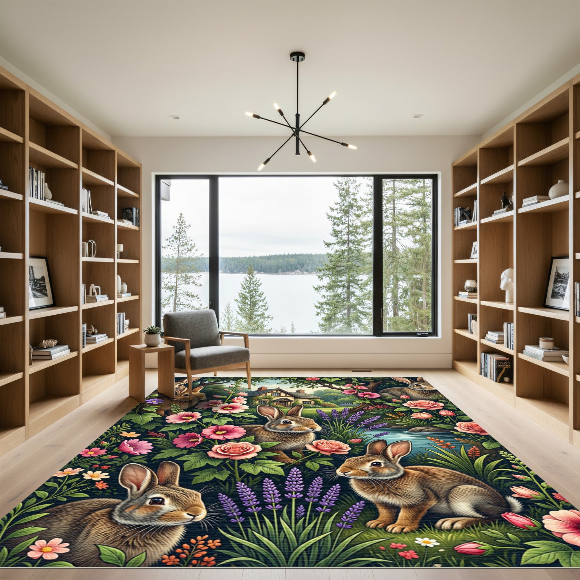 Whimsical Bunny and Floral Garden Rug