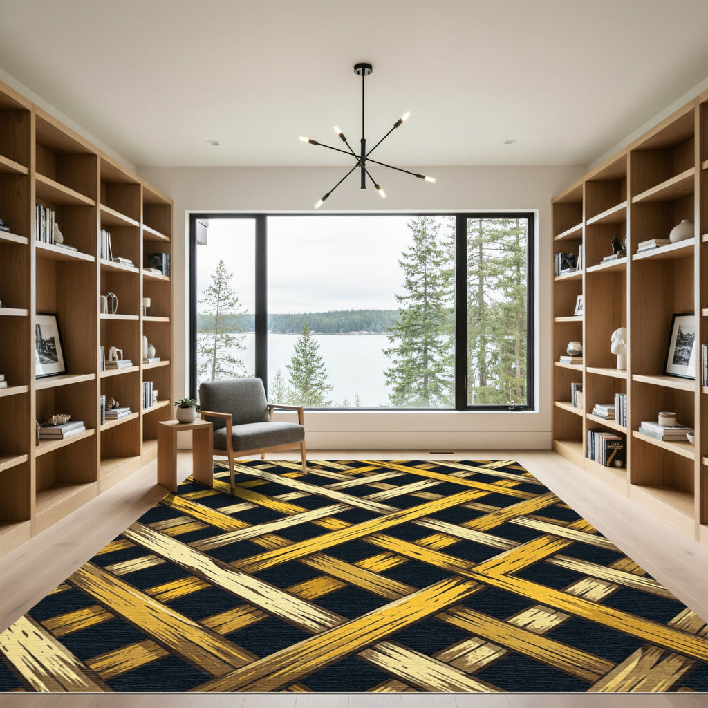 Golden Lattice Interwoven Geometric Grid Rug