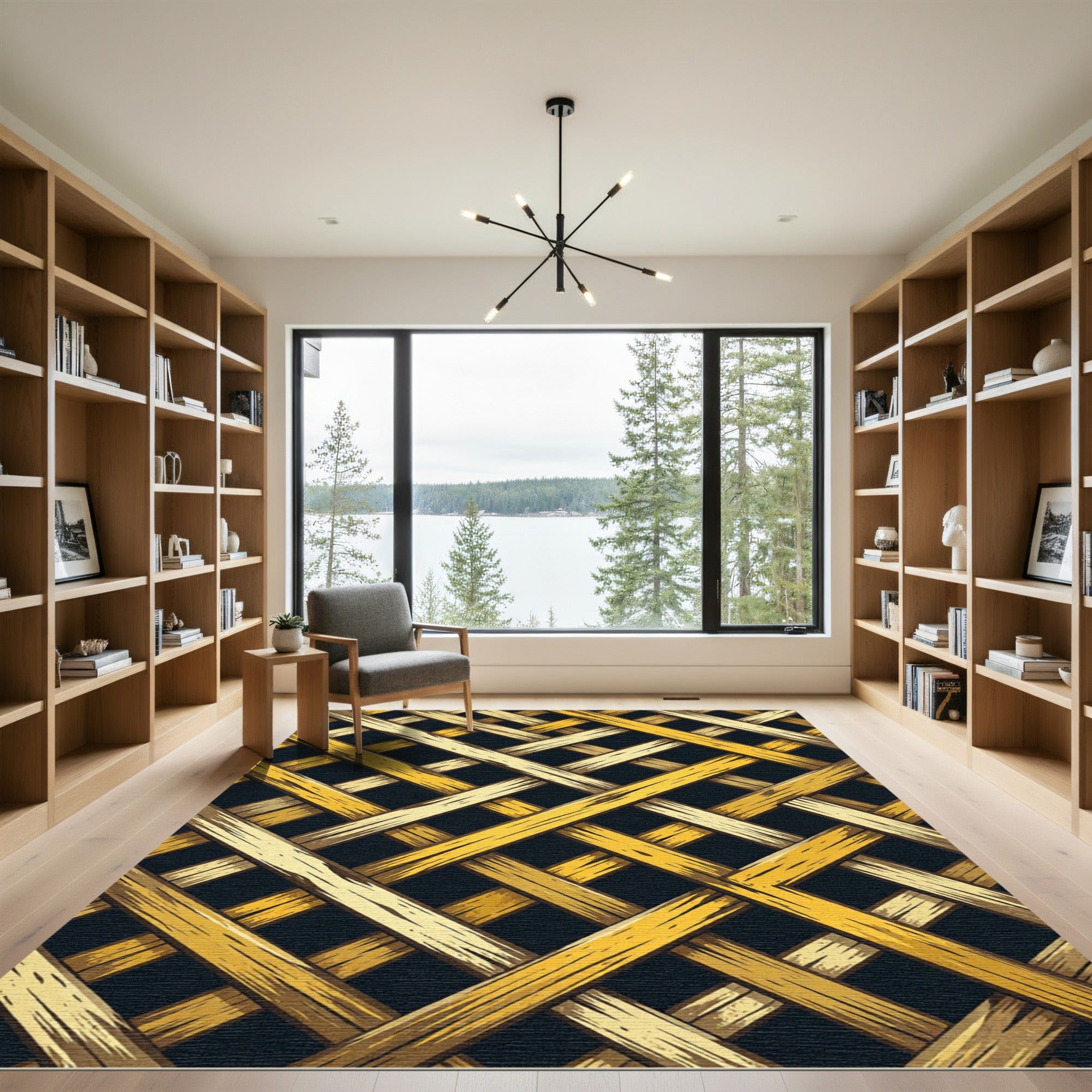 Golden Lattice Interwoven Geometric Grid Rug