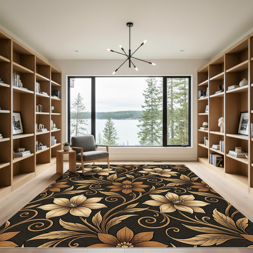 Ornate Golden Floral Vines Rug