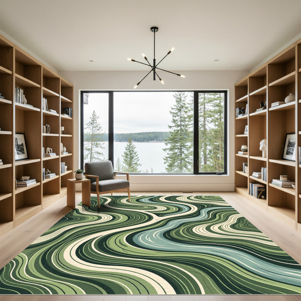Abstract Sage Green Flowing River Waves Rug