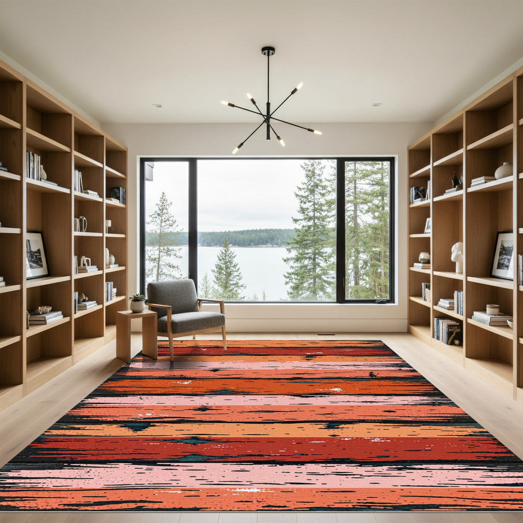 Rustic Distressed Orange Red Striped Plank Rug