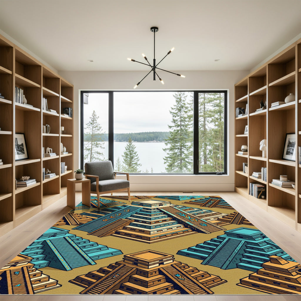 Aztec Geometric Pyramid Teal Ochre Tile Rug
