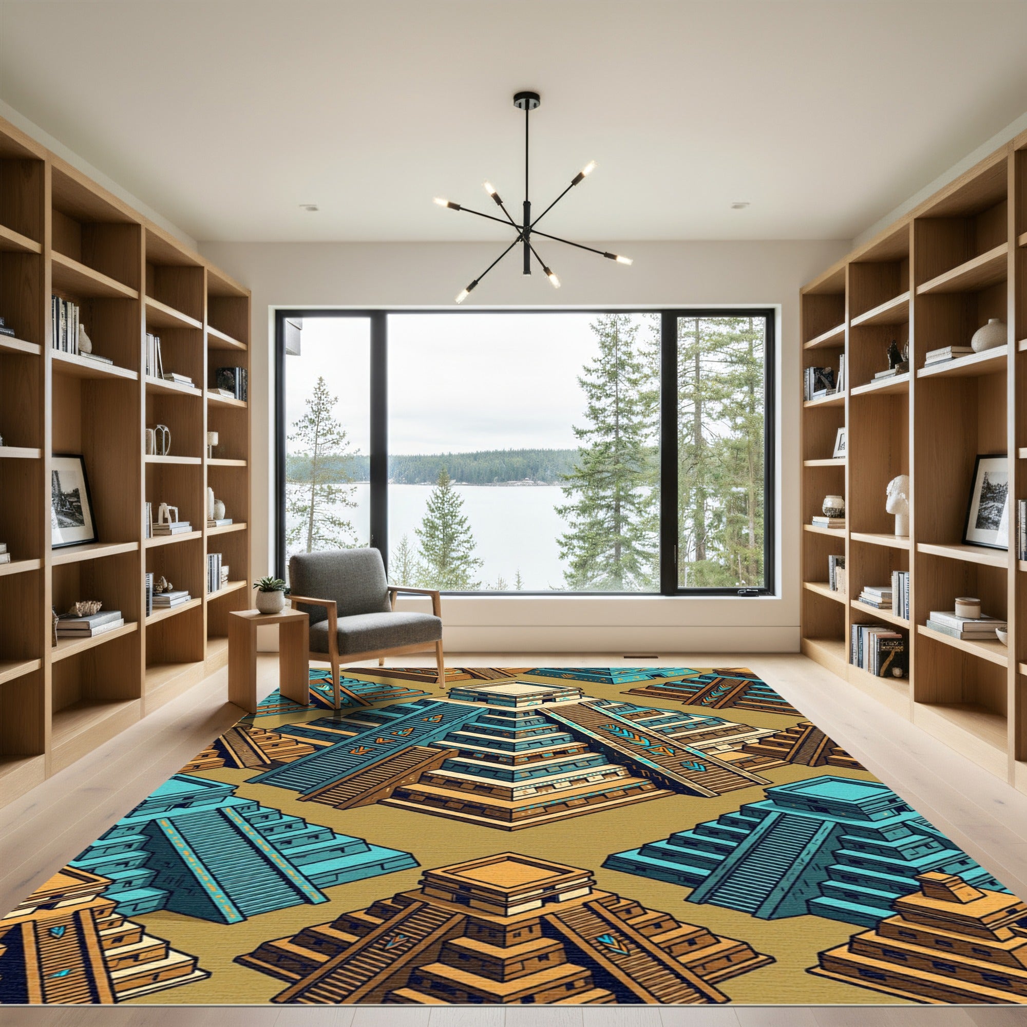Aztec Geometric Pyramid Teal Ochre Tile Rug