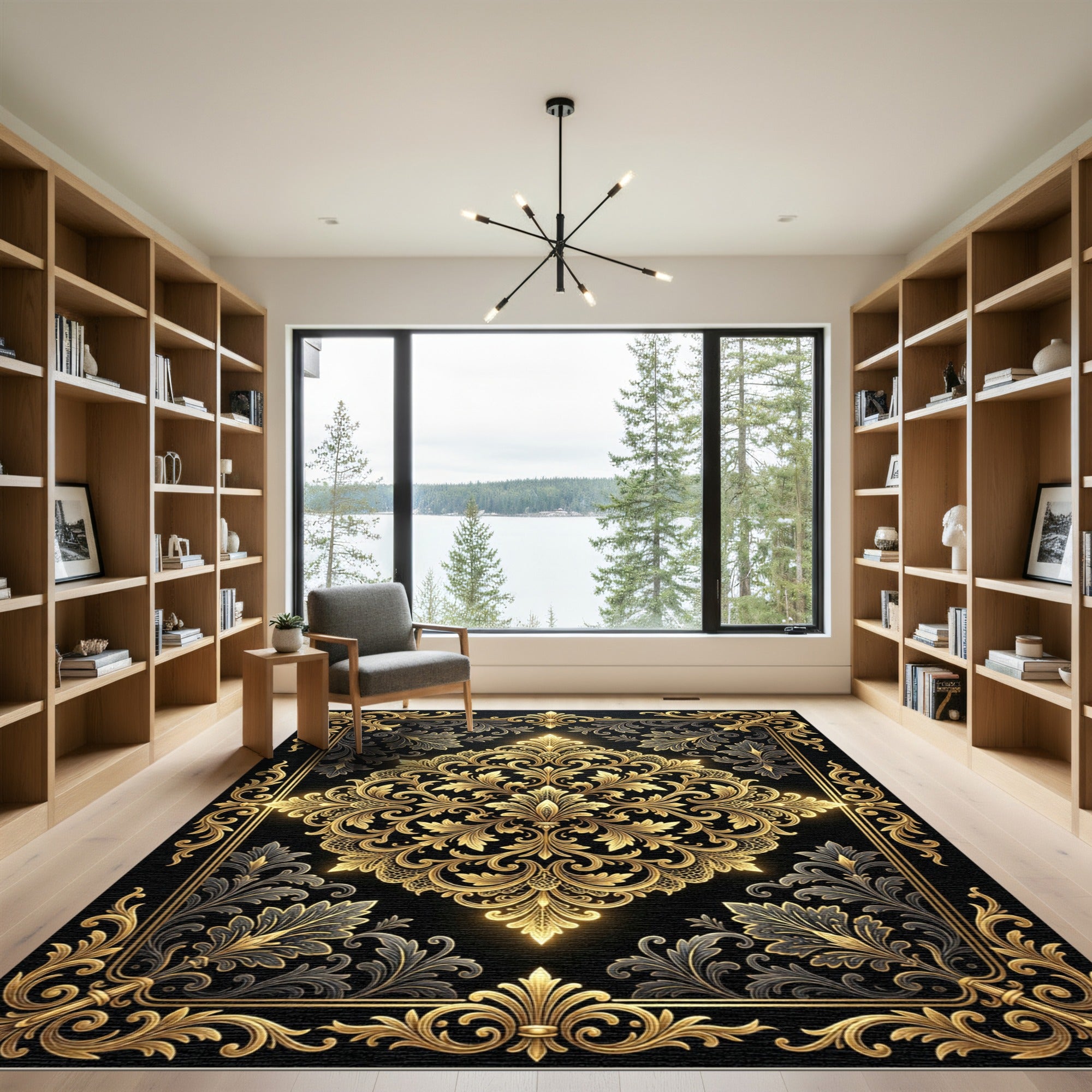 Gilded Ornate Damask Black Gold Luxury Rug