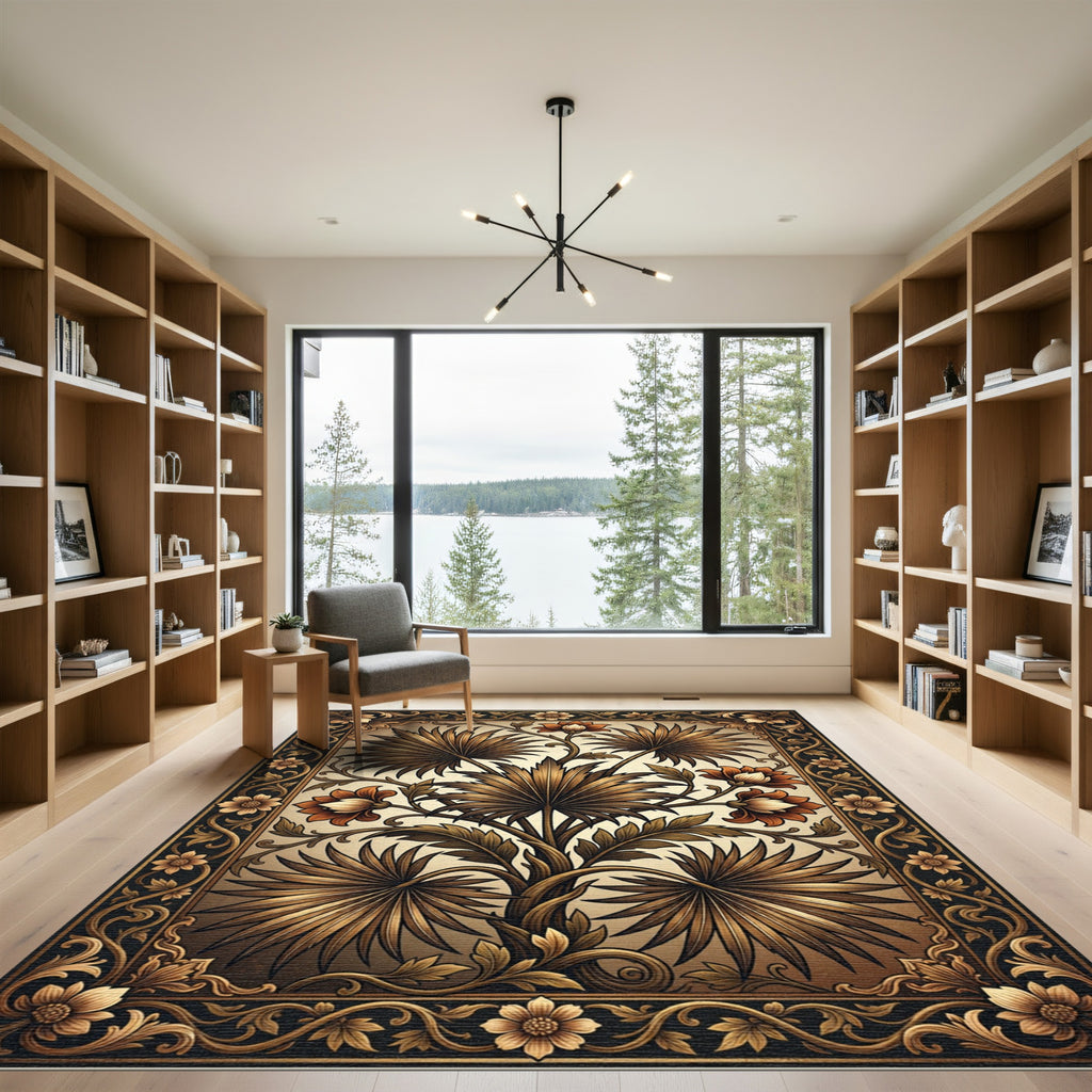 Golden Brown Botanical Floral Frame Rug