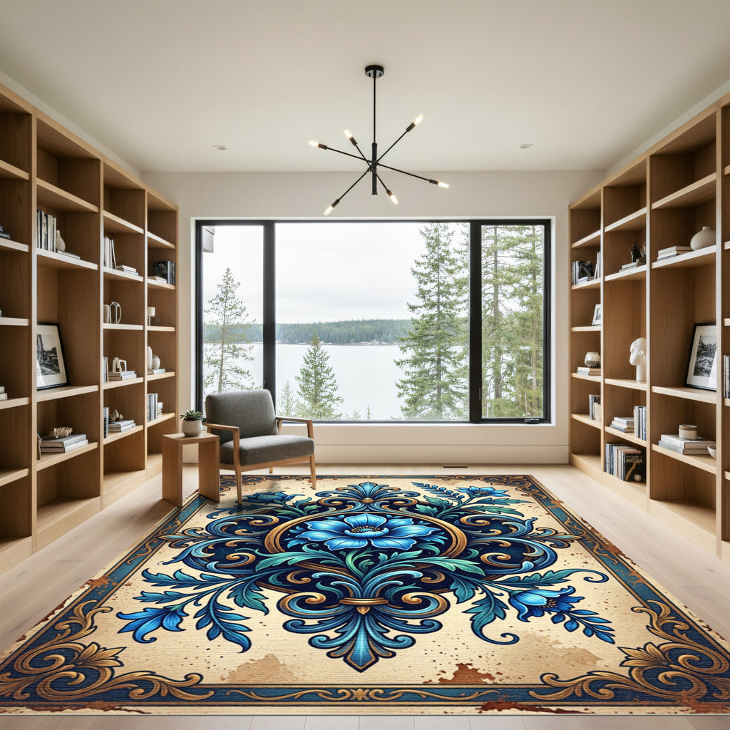 Ornate Blue Floral Damask Medallion Rug