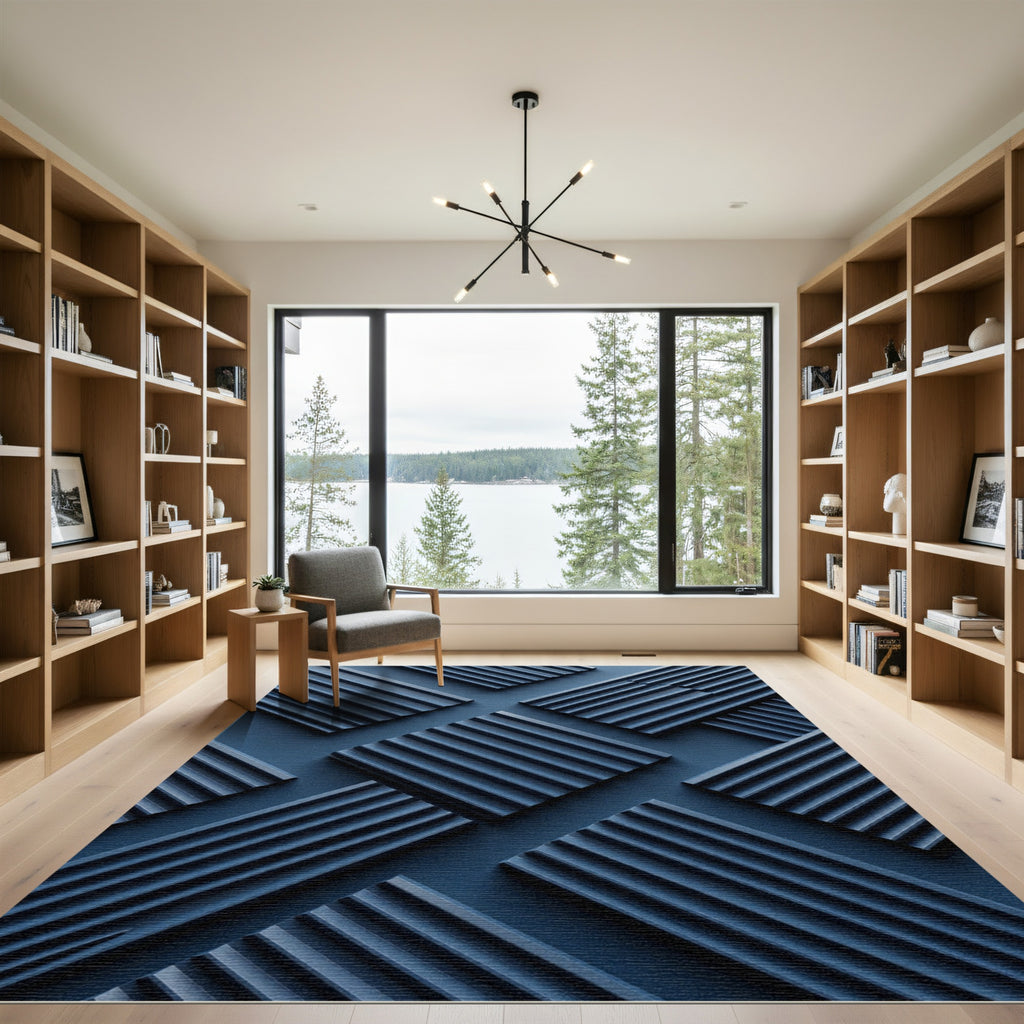 Deep Blue Geometric Ribbed Square Rug