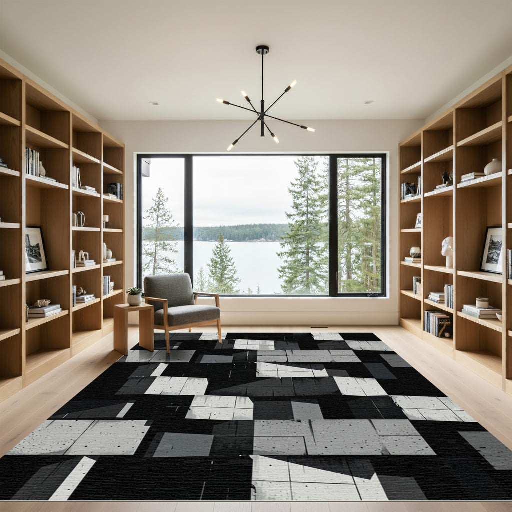 Monochrome Concrete Geometric Block Grid Rug