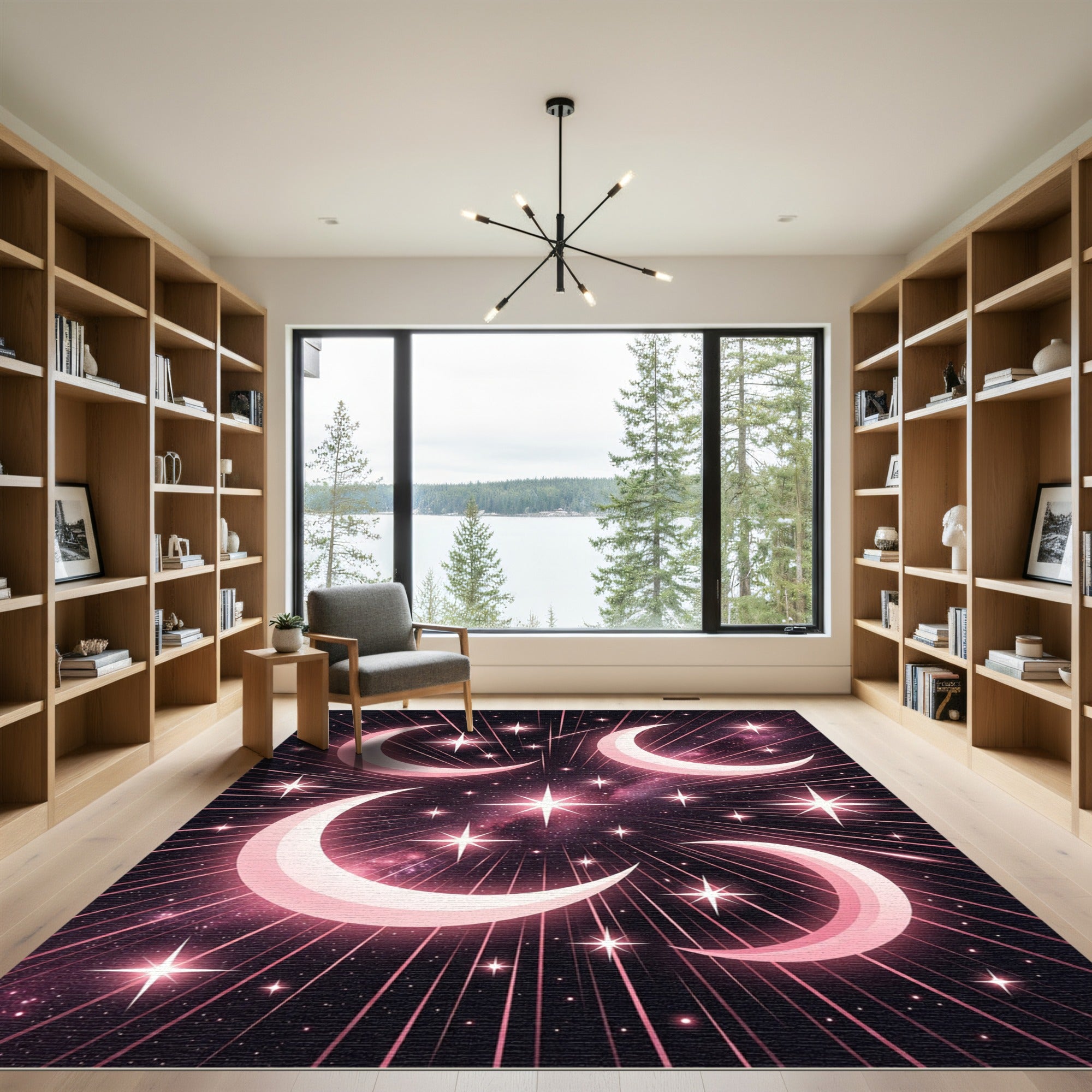 Celestial Pink Crescent Moon Stars Rug
