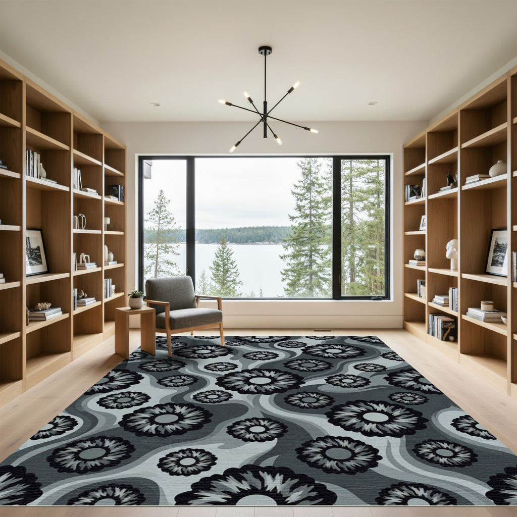 Monochrome Abstract Floral Wave Rug