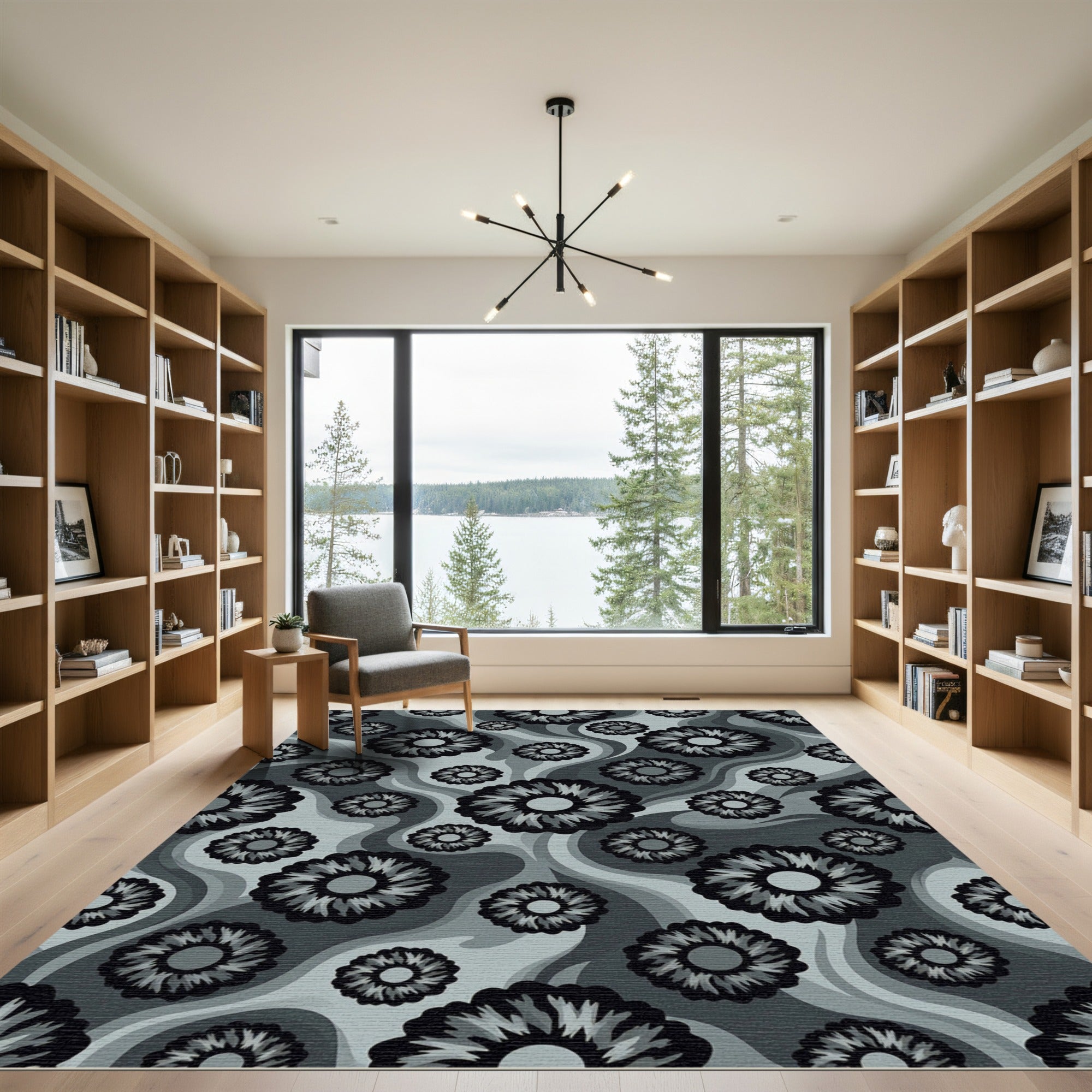 Monochrome Abstract Floral Wave Rug