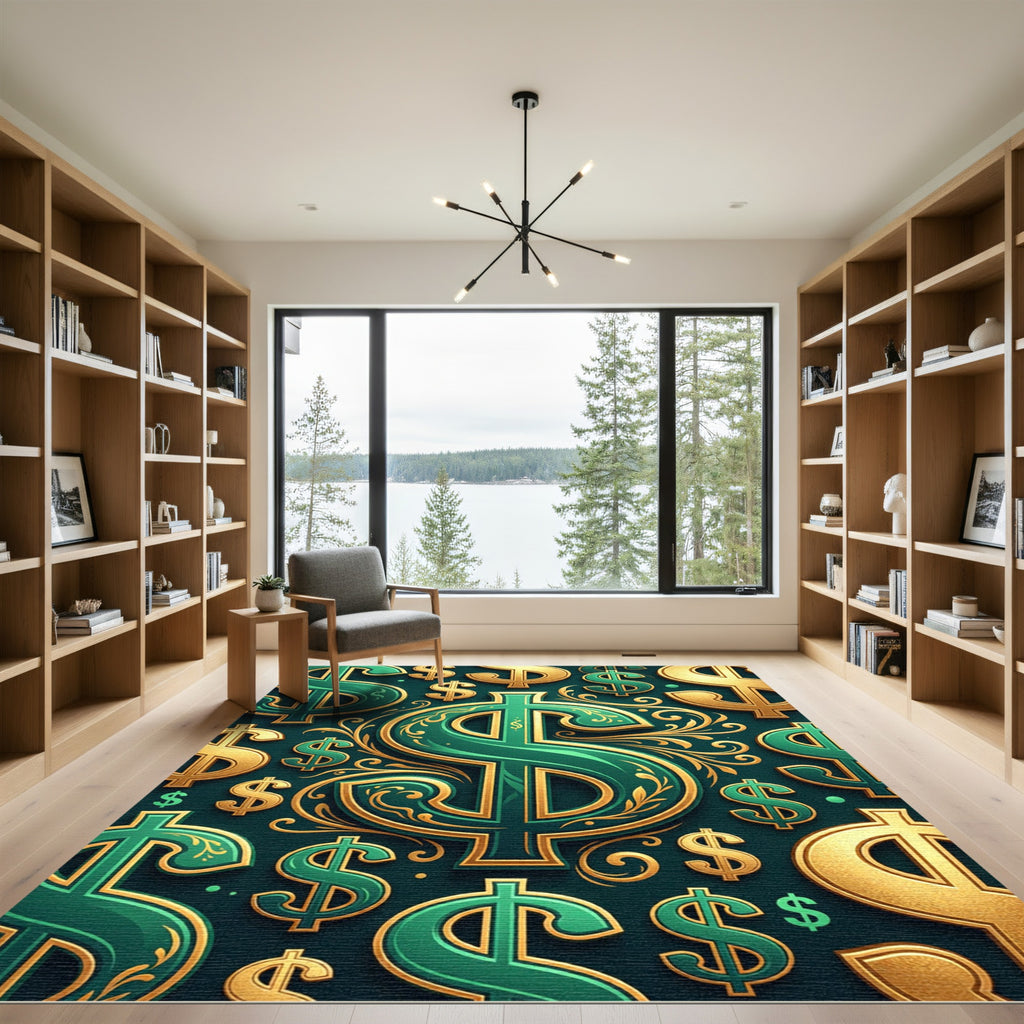 Luxurious Emerald Gold Currency Emblem Rug