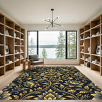 Elegant Gold and Navy Floral Damask Rug