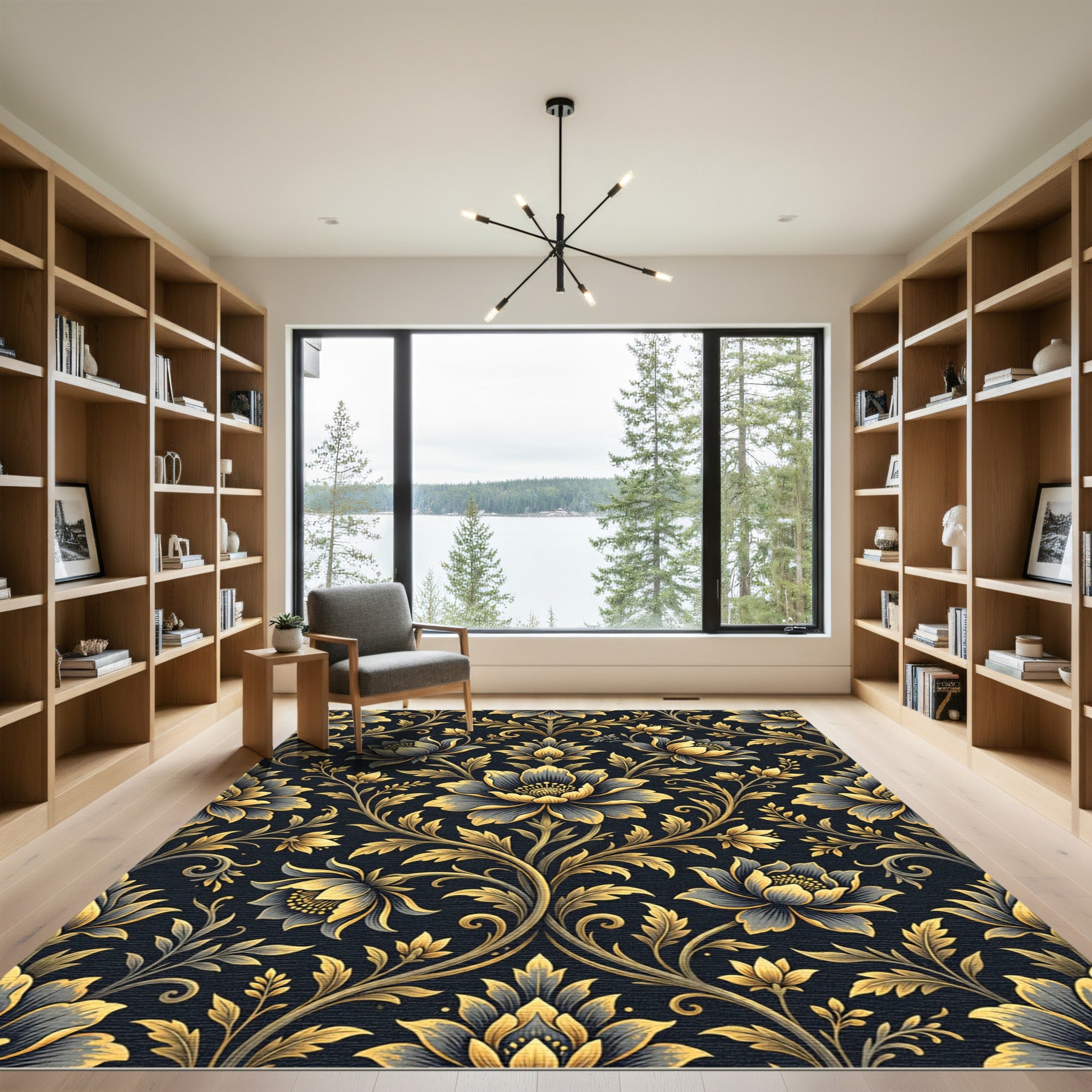 Elegant Gold and Navy Floral Damask Rug