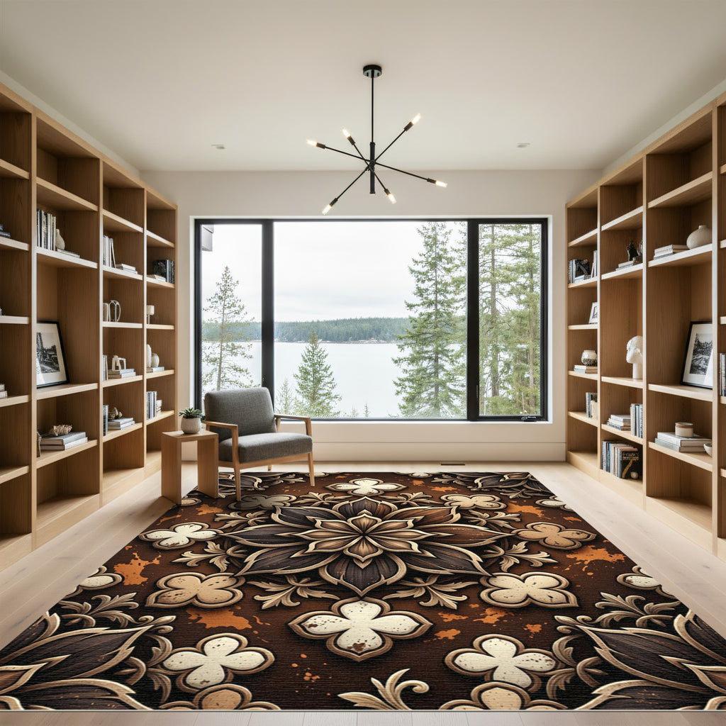 Earthy Brown Floral Medallion Relief Rug