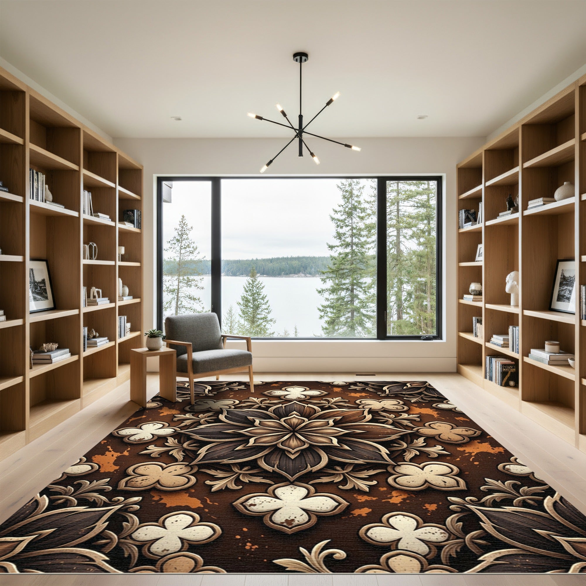 Earthy Brown Floral Medallion Relief Rug