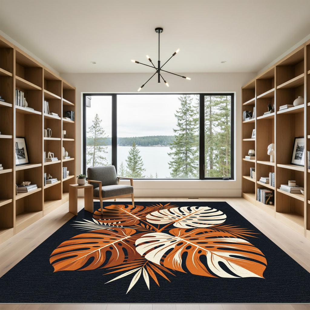 Minimalist Tropical Monstera Leaf Earthy Composition Rug