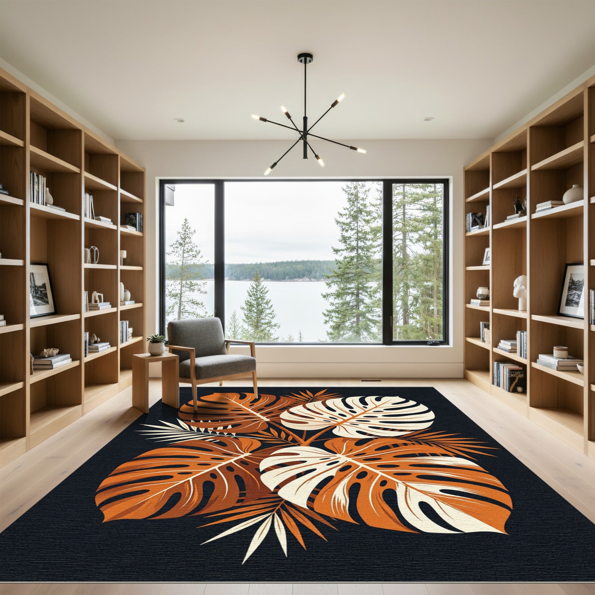 Minimalist Tropical Monstera Leaf Earthy Composition Rug