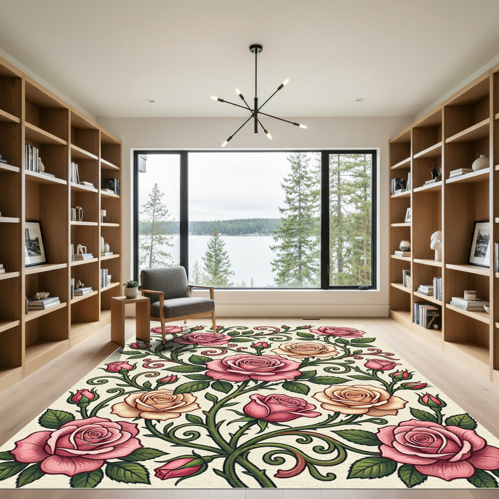 Elegant Pink Rose Floral Swirl Rug