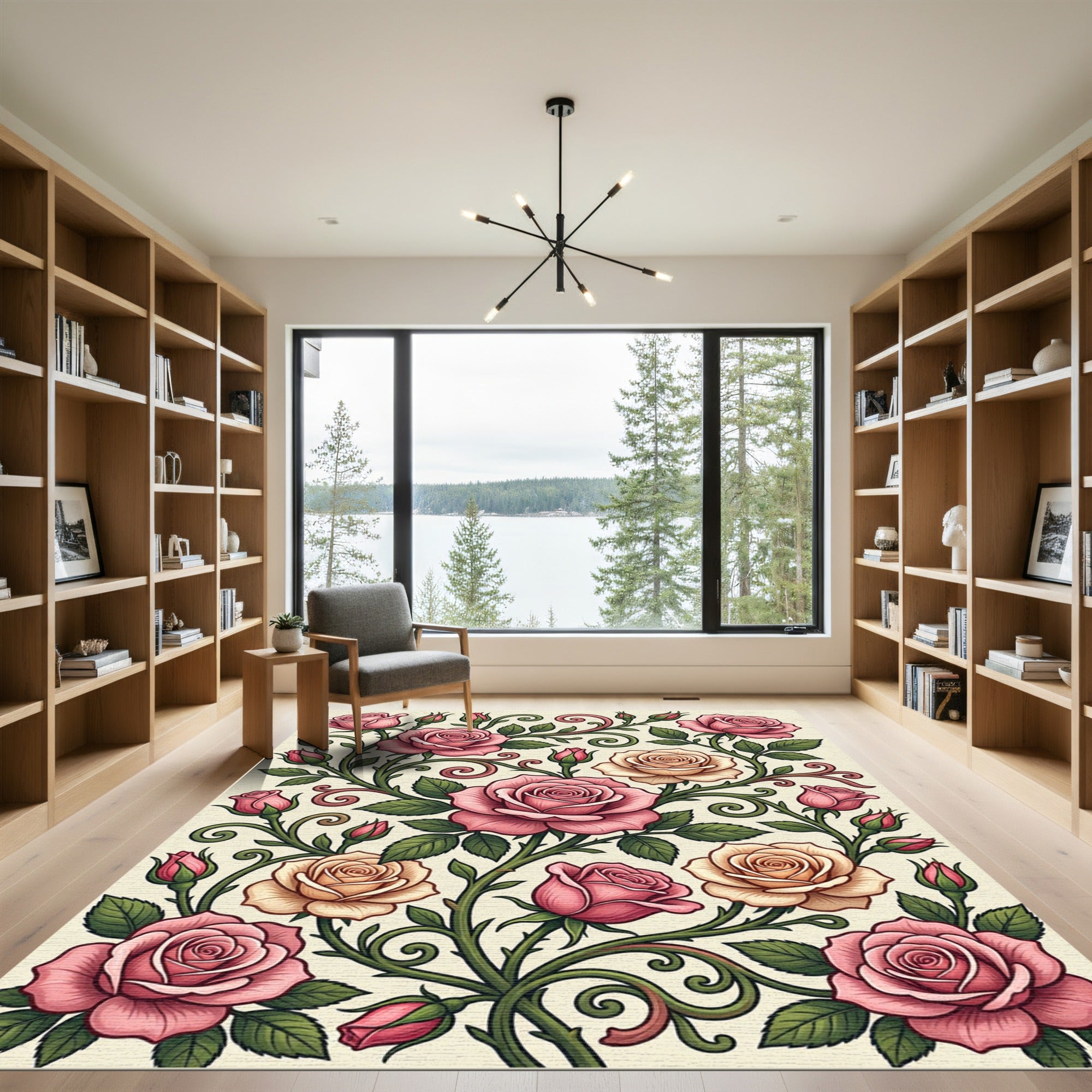 Elegant Pink Rose Floral Swirl Rug