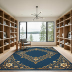 Elegant Gold Floral Navy Medallion Rug