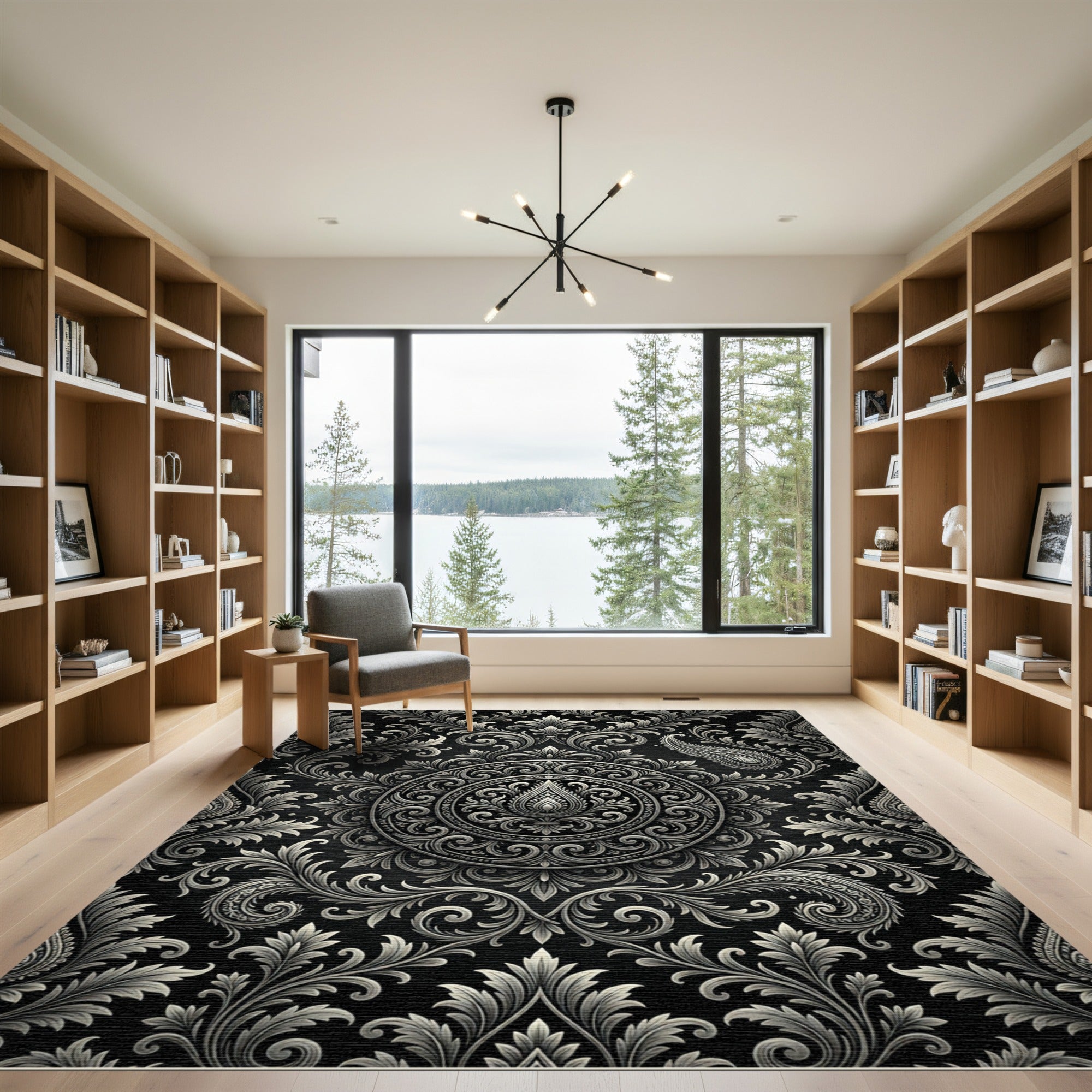 Ornate Black White Paisley Medallion Rug