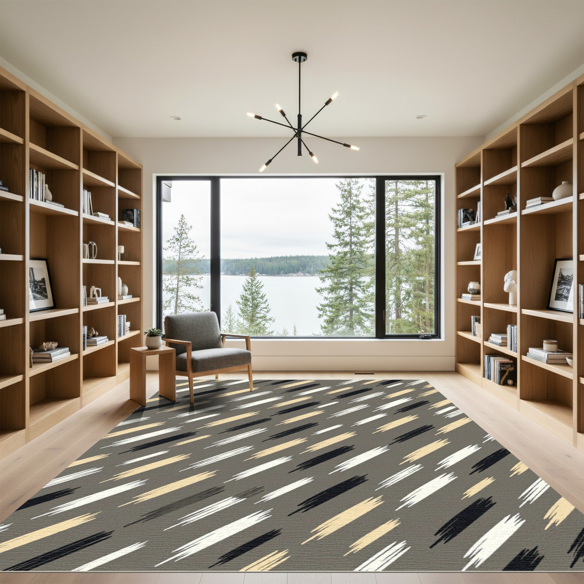 Diagonal Brushstroke Cream Black Gold Rug