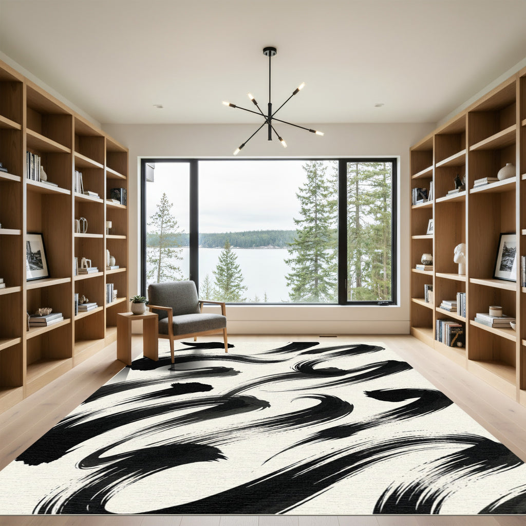 Minimalist Black Ink Swirls Rug