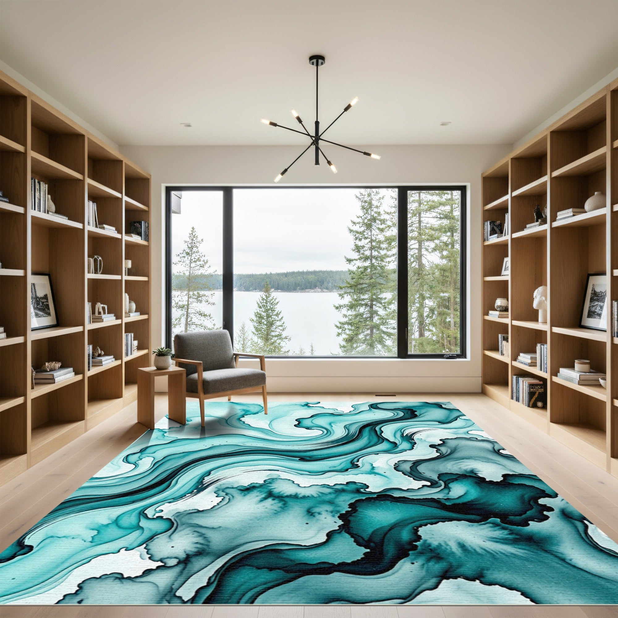 Modern Teal Fluid Abstract Wave Rug