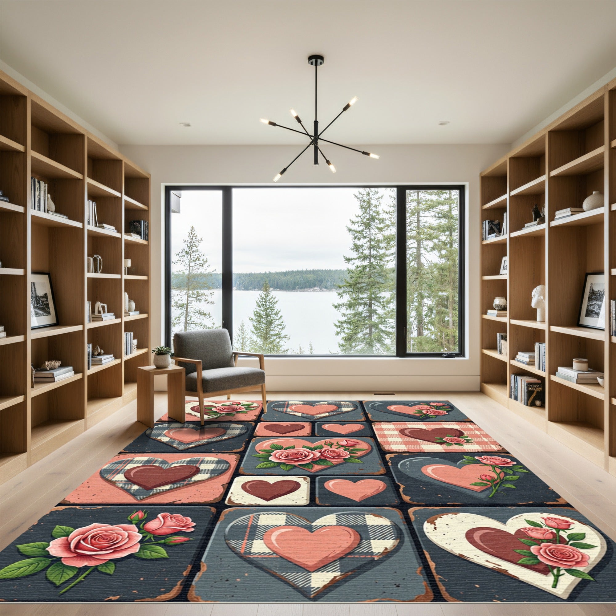 Valentine Rose Plaid Heart Collage Rug