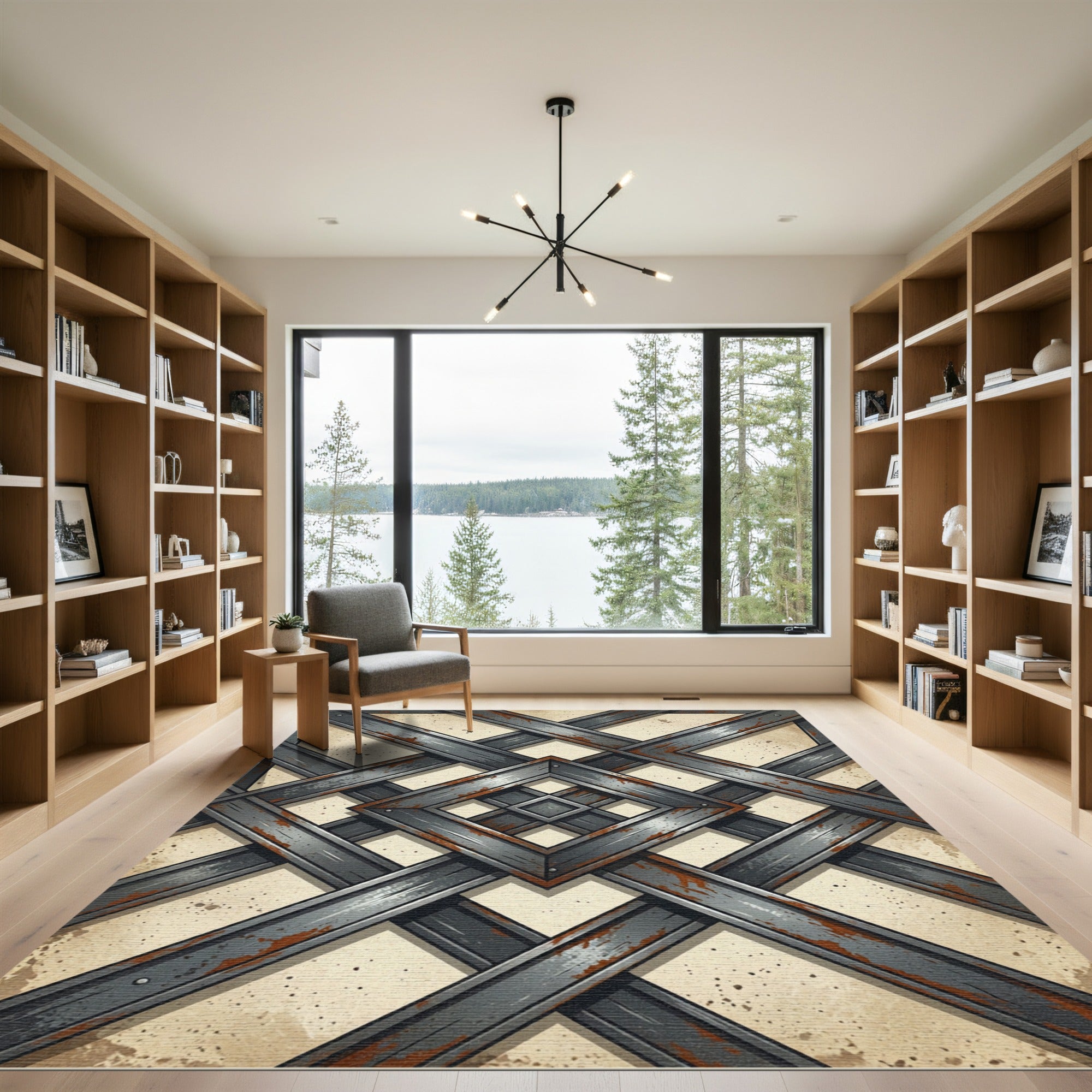 Industrial Weathered Iron Geometric Grille Rug