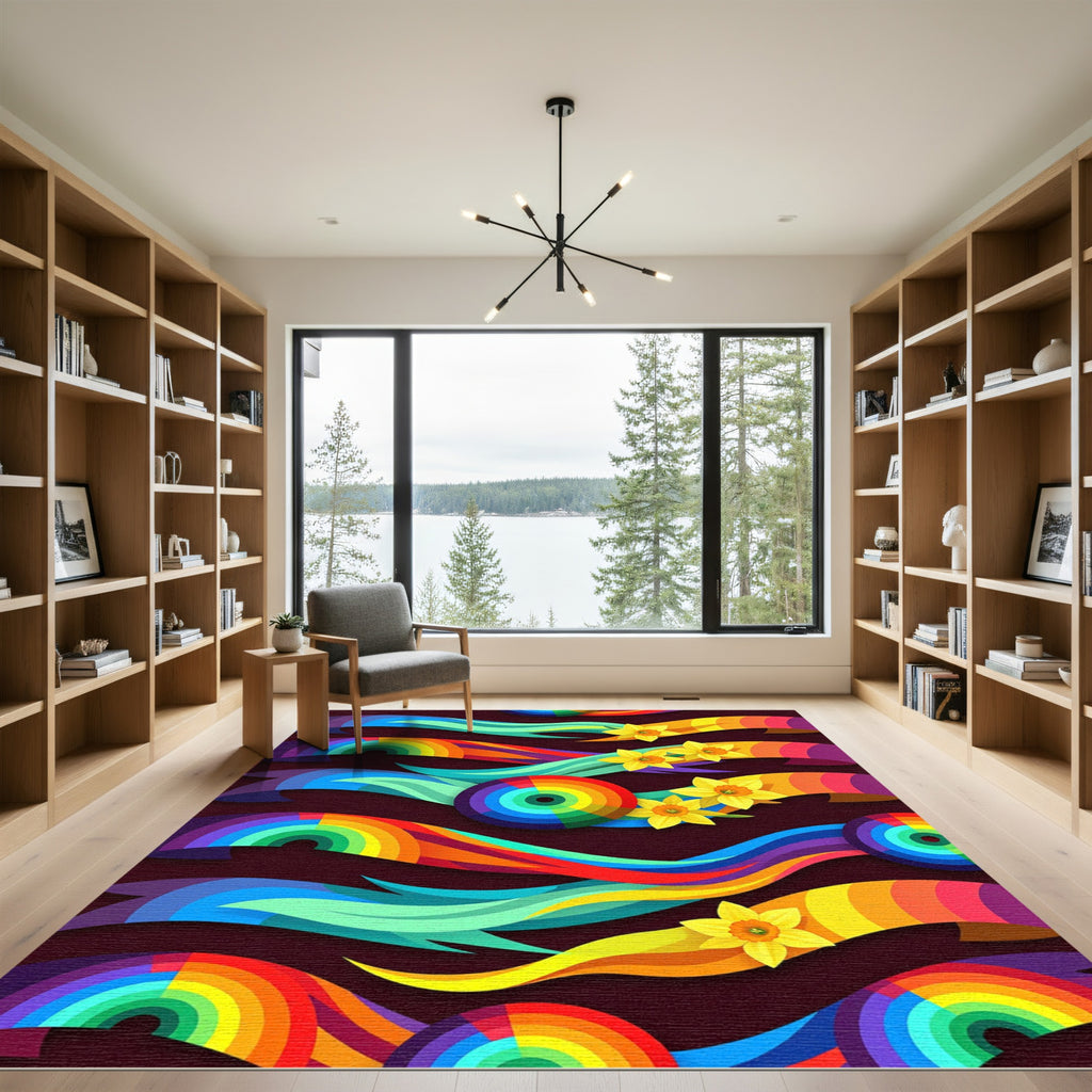 Rainbow Ribbon Daffodil Whimsical Composition Rug