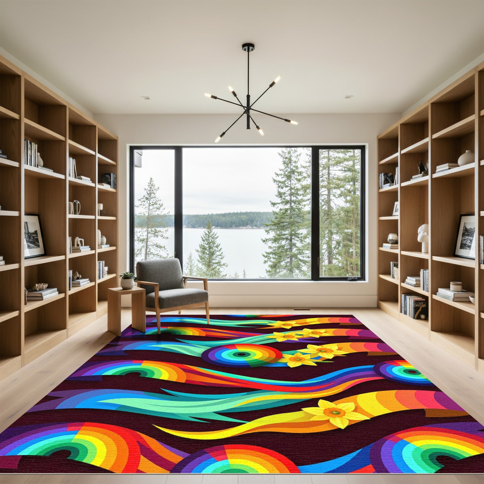 Rainbow Ribbon Daffodil Whimsical Composition Rug