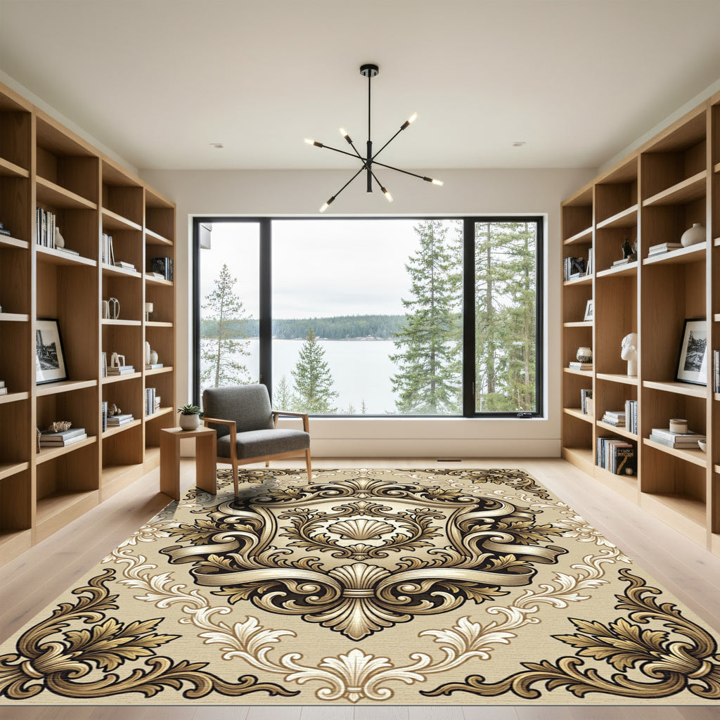 Ornate Beige Damask Scallop Shell Emblem Rug