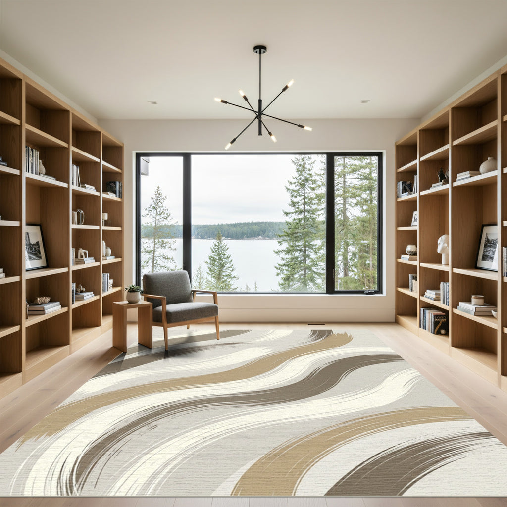 Neutral Abstract Wavy Flowing Brushstroke Wall Art Rug