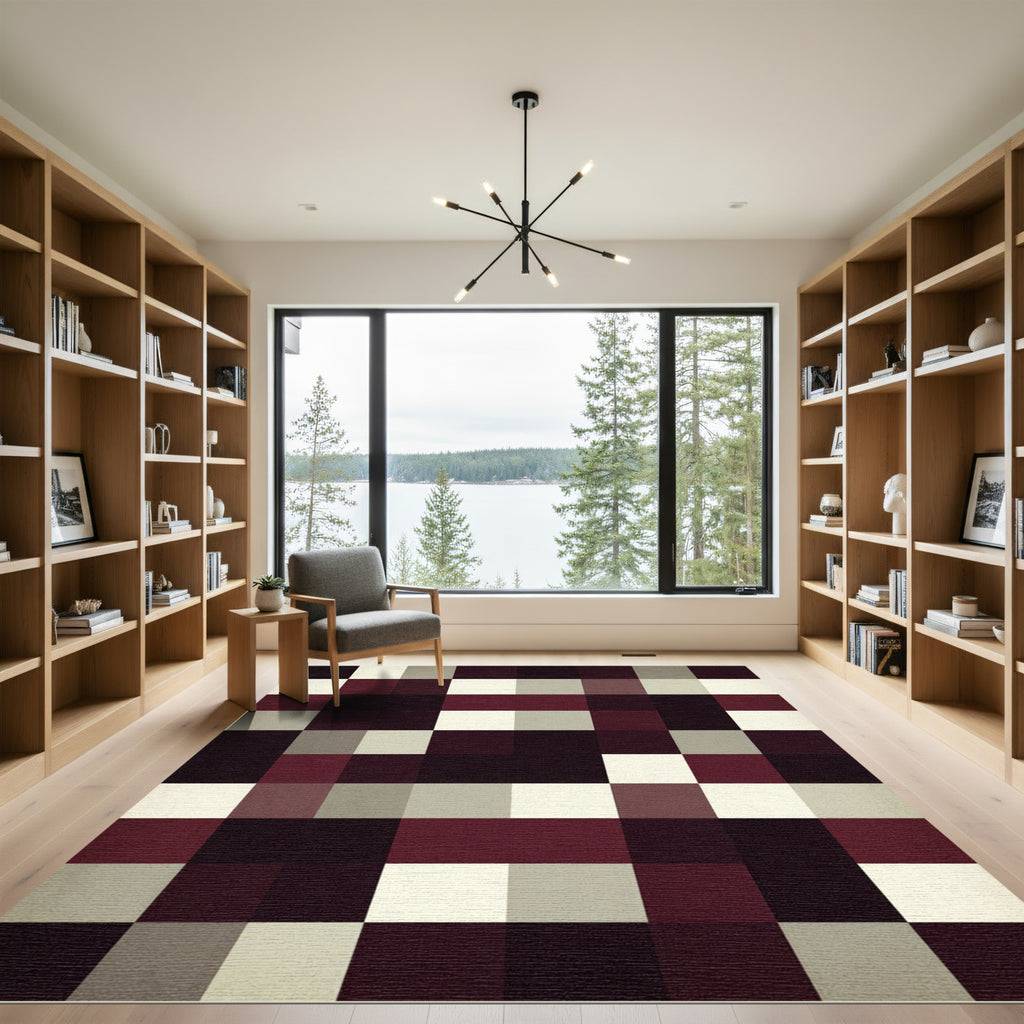 Burgundy Cream Gray Checkered Squares Rug