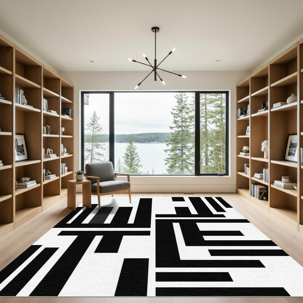 Minimalist Black and White Abstract Geometric Rug