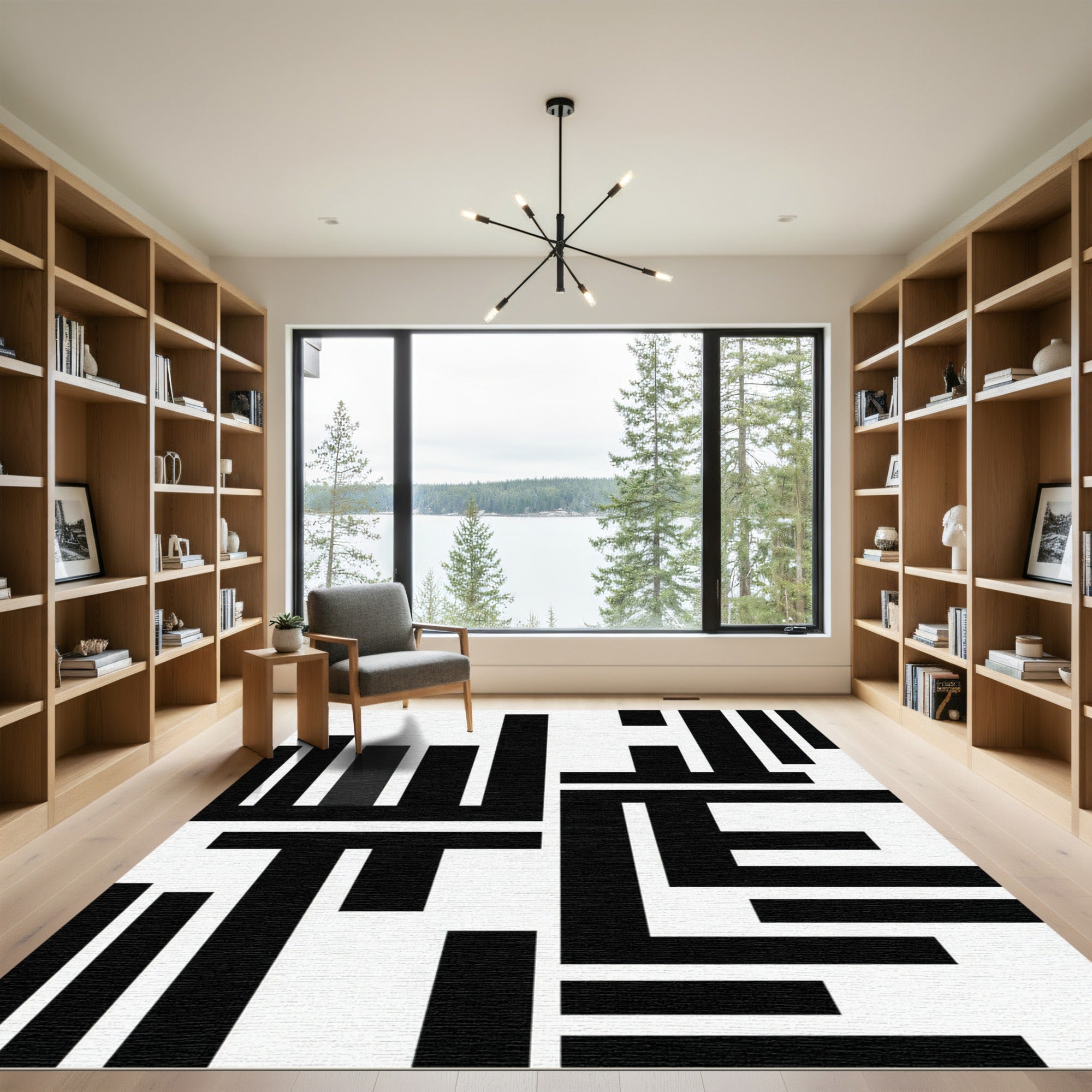 Minimalist Black and White Abstract Geometric Rug
