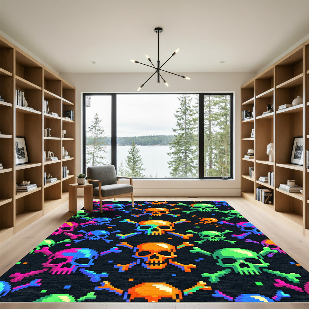 Retro Pixel Skull Crossbones Neon Art Rug