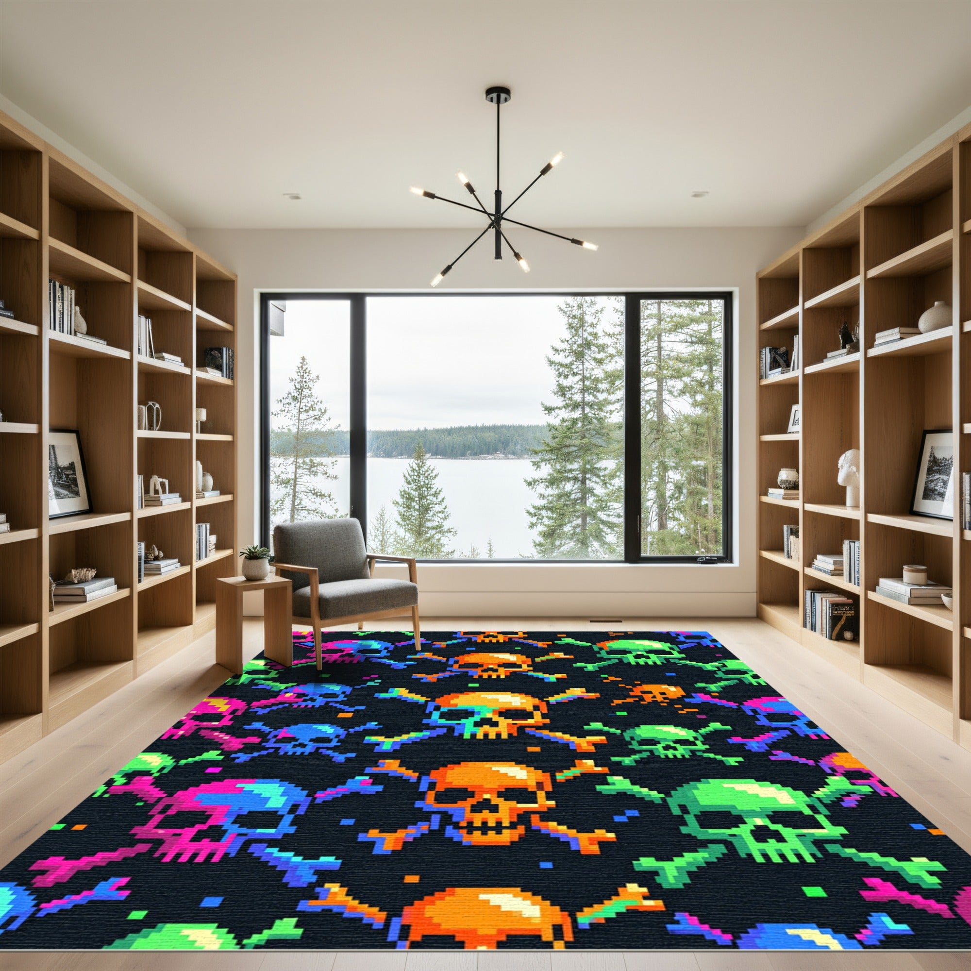 Retro Pixel Skull Crossbones Neon Art Rug
