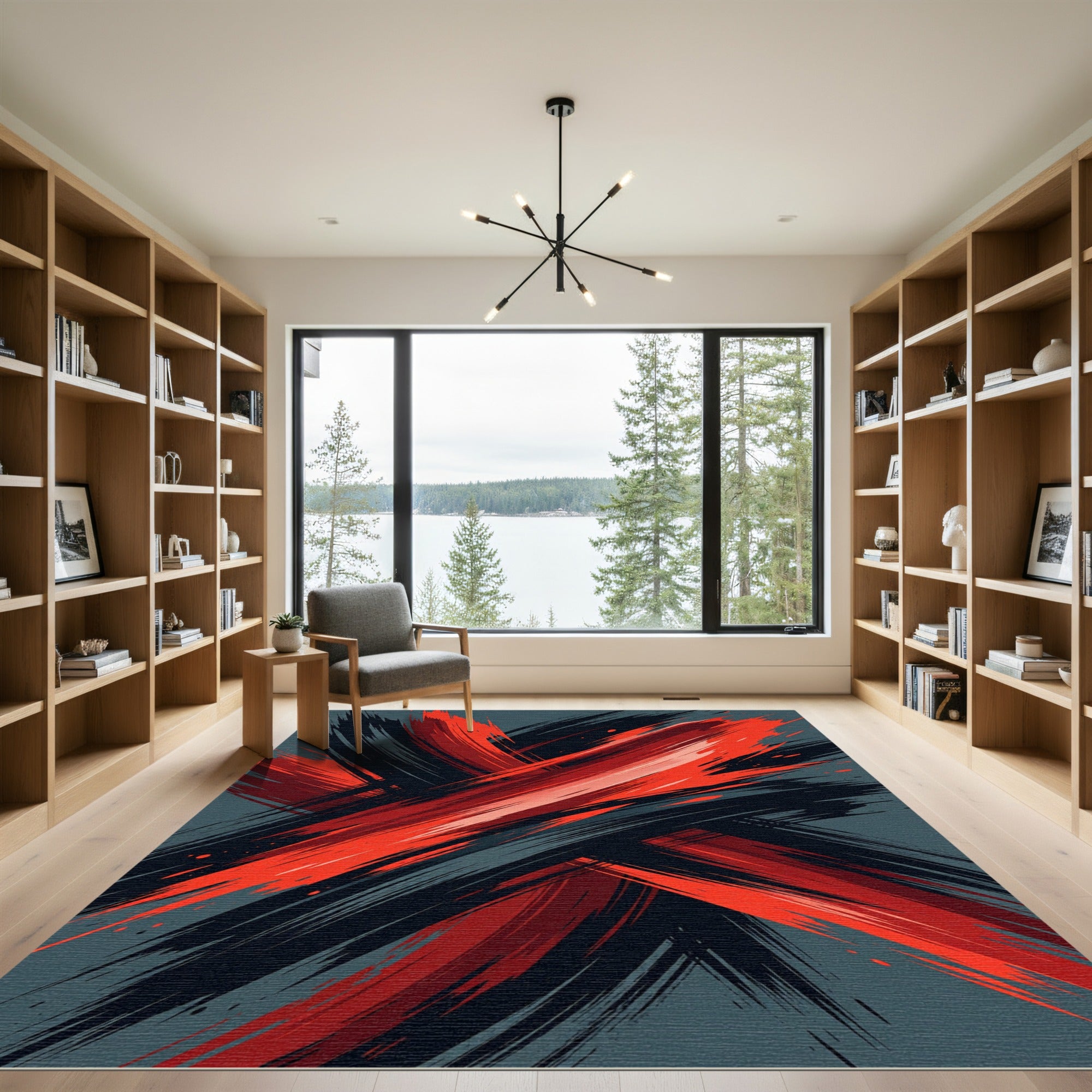 Bold Crimson Black Abstract Brushstroke Rug