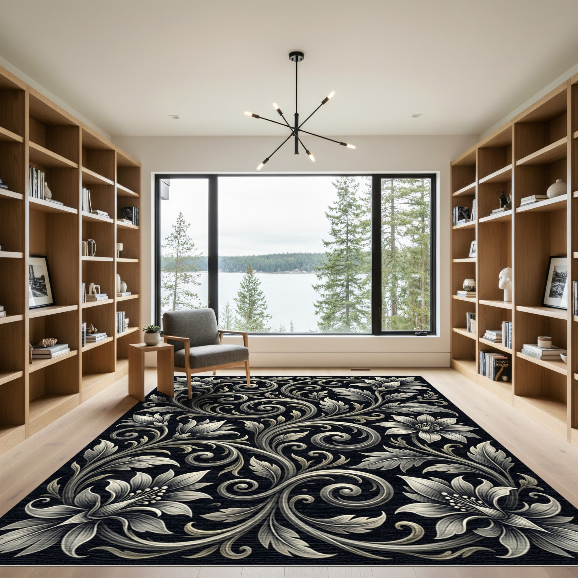 Ornate Ivory Floral Scrollwork Rug