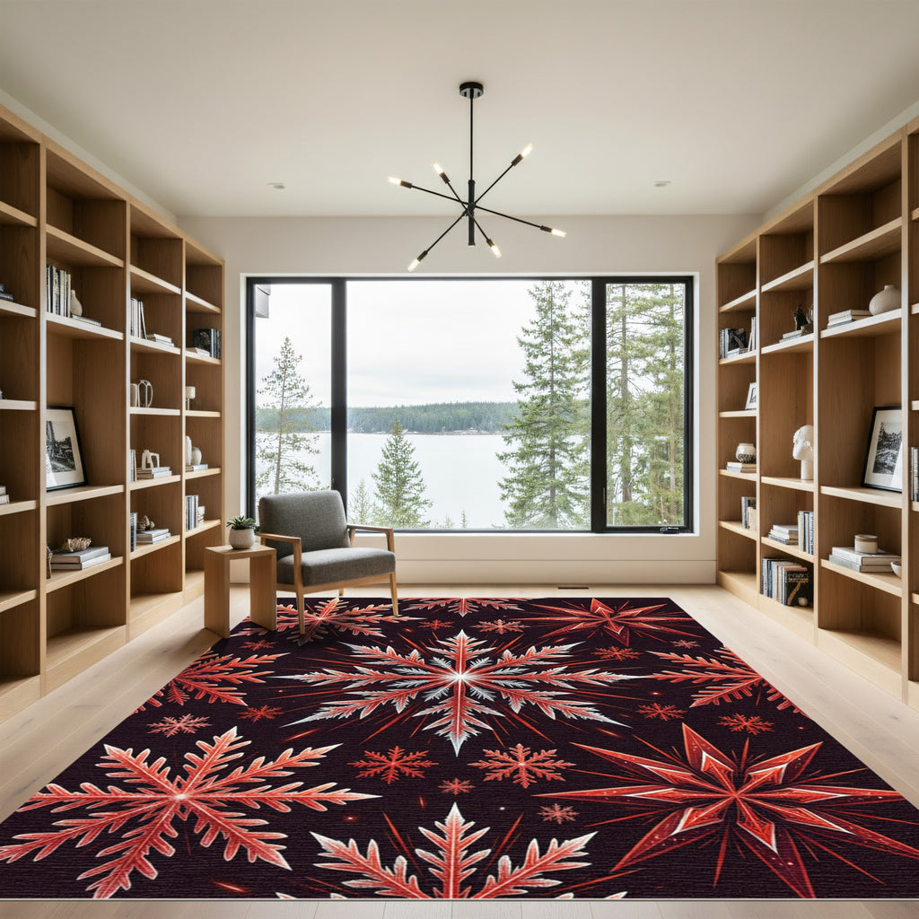 Crimson Snowflake Burst Pattern Rug