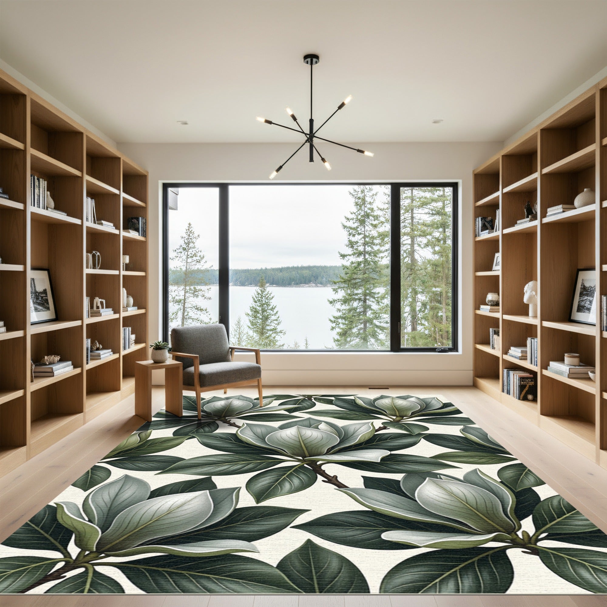 Serene Green Magnolia Floral Composition Rug