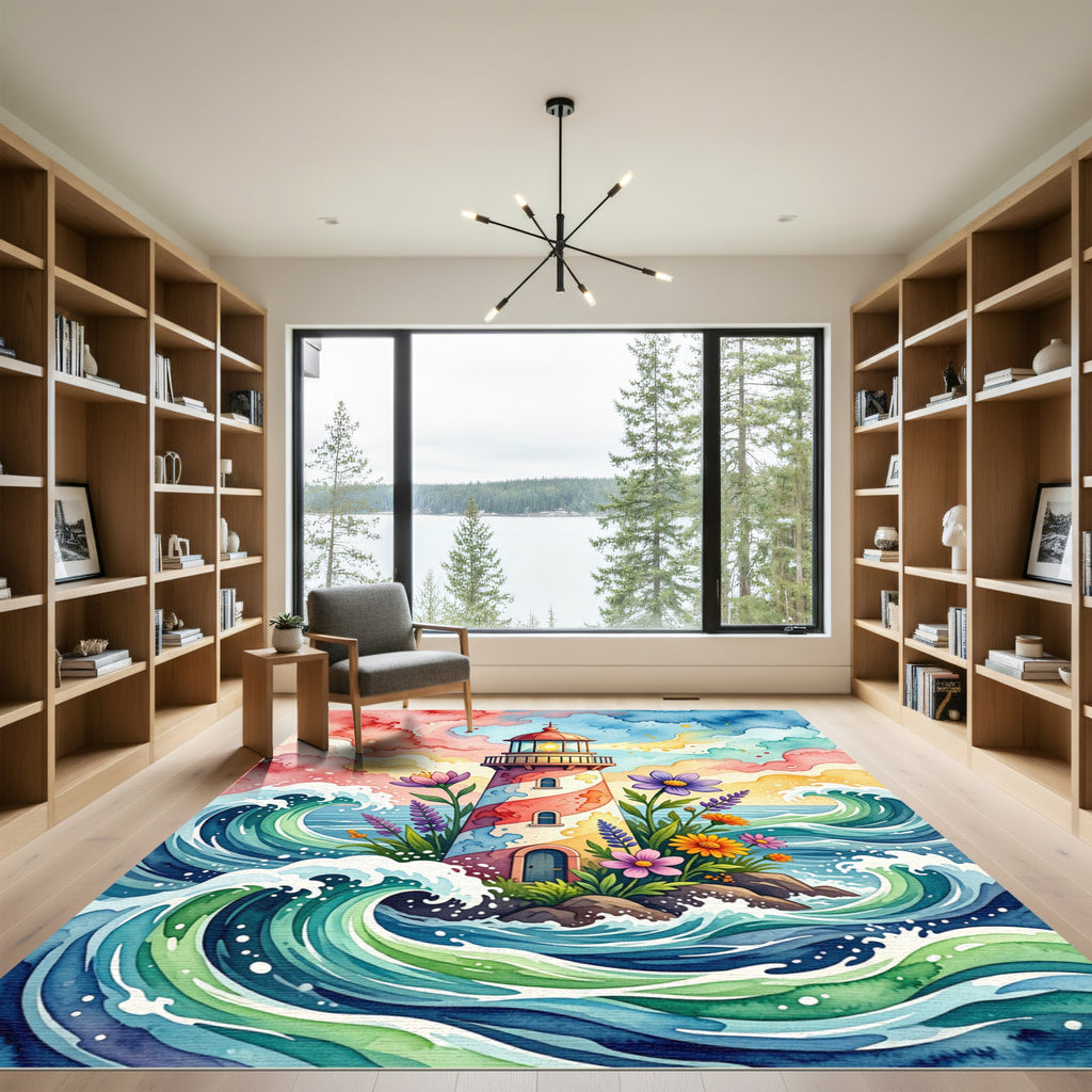 Whimsical Coastal Lighthouse Floral Watercolor Rug