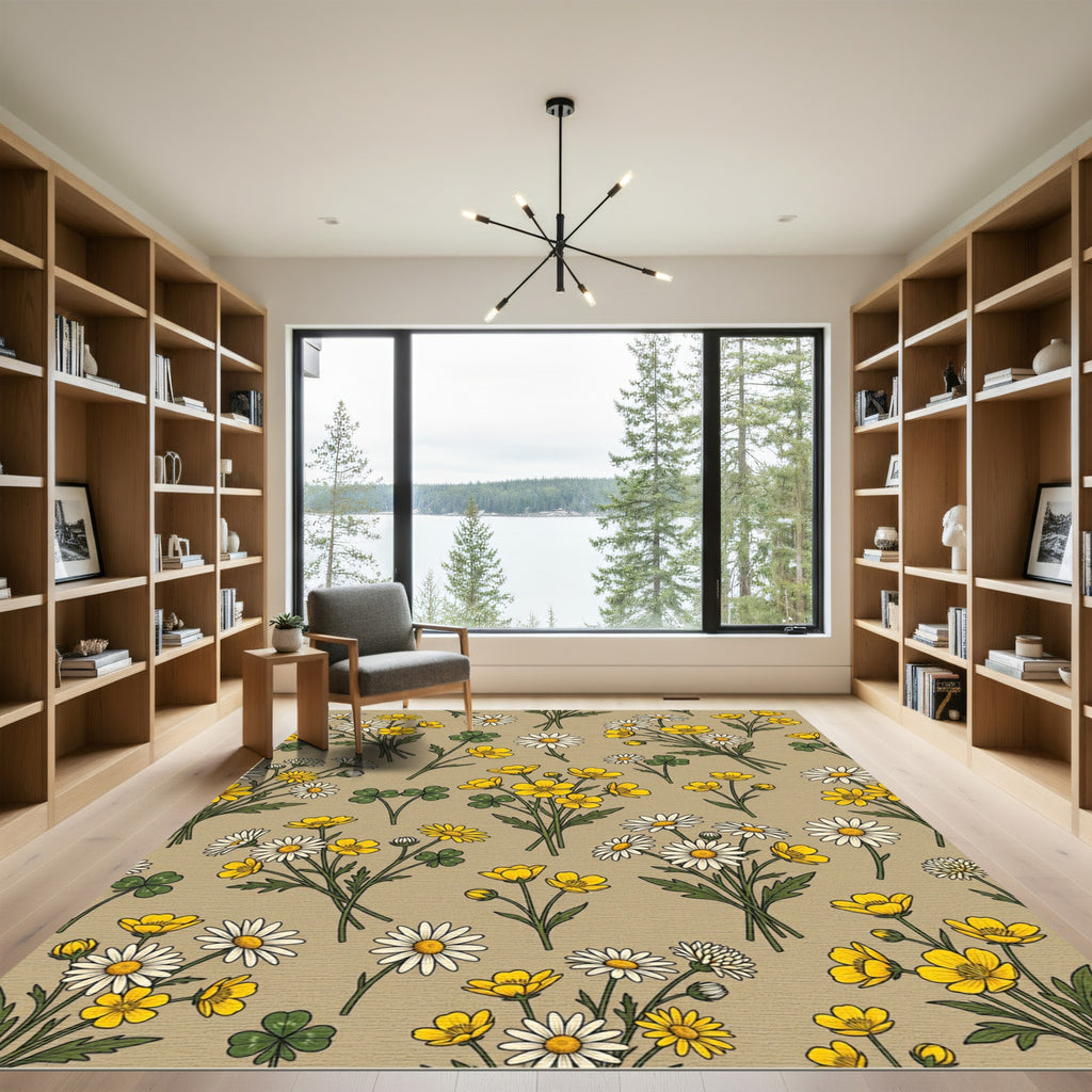 Earthy Beige Daisy and Buttercup Meadow Rug