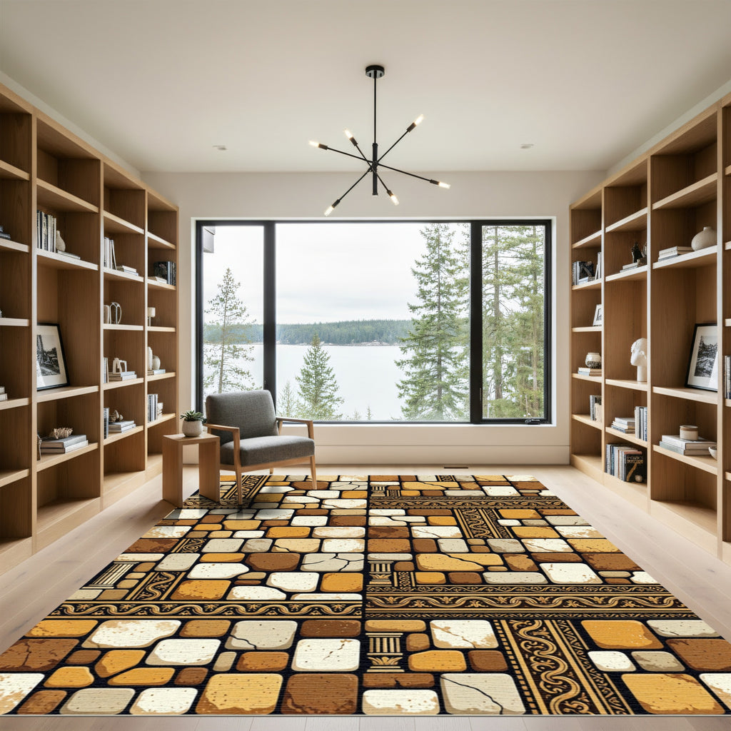 Terracotta Stone Mosaic Ancient Border Rug