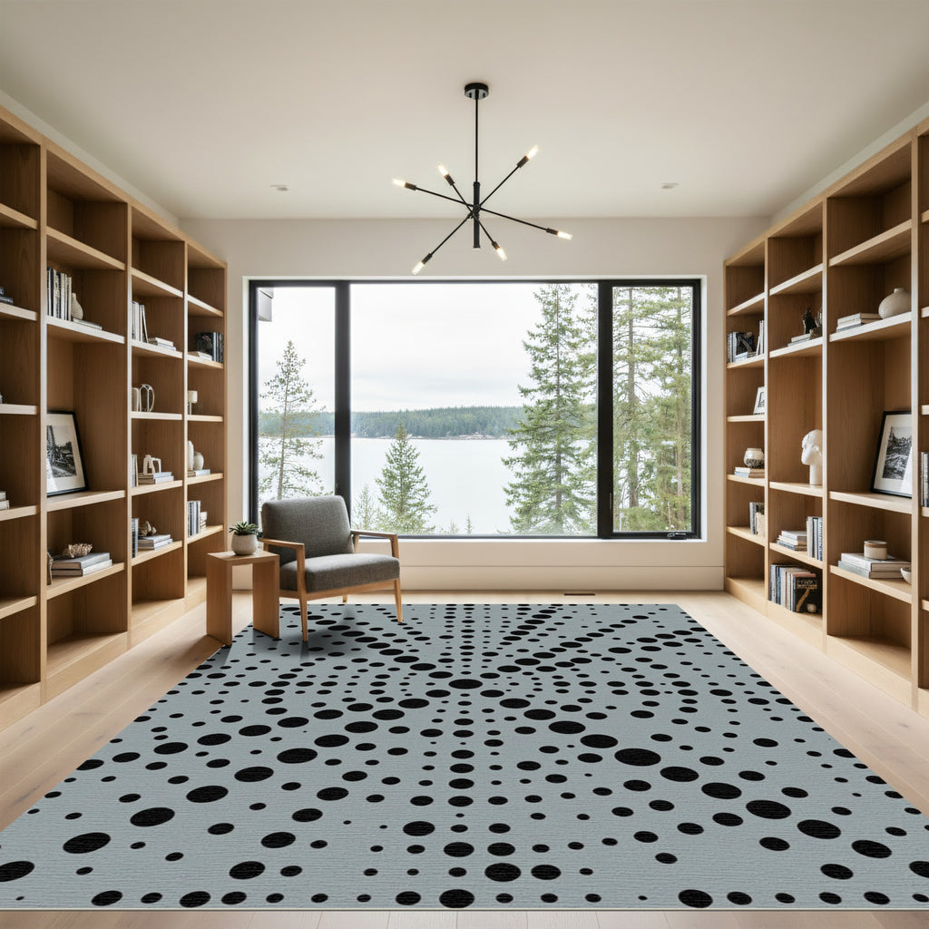 Gray Black Dot Radial Swirl Rug